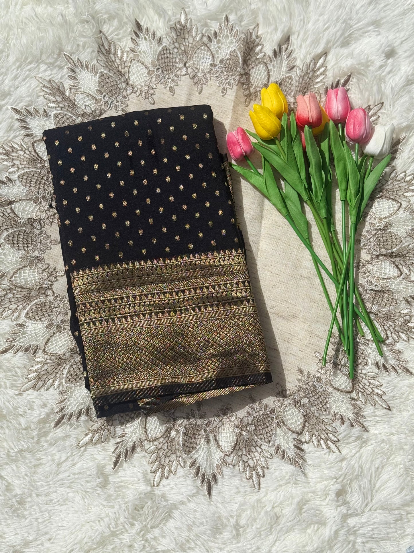 Elegant Black Banarasi Silk Saree with Antique Gold Zari Weaving