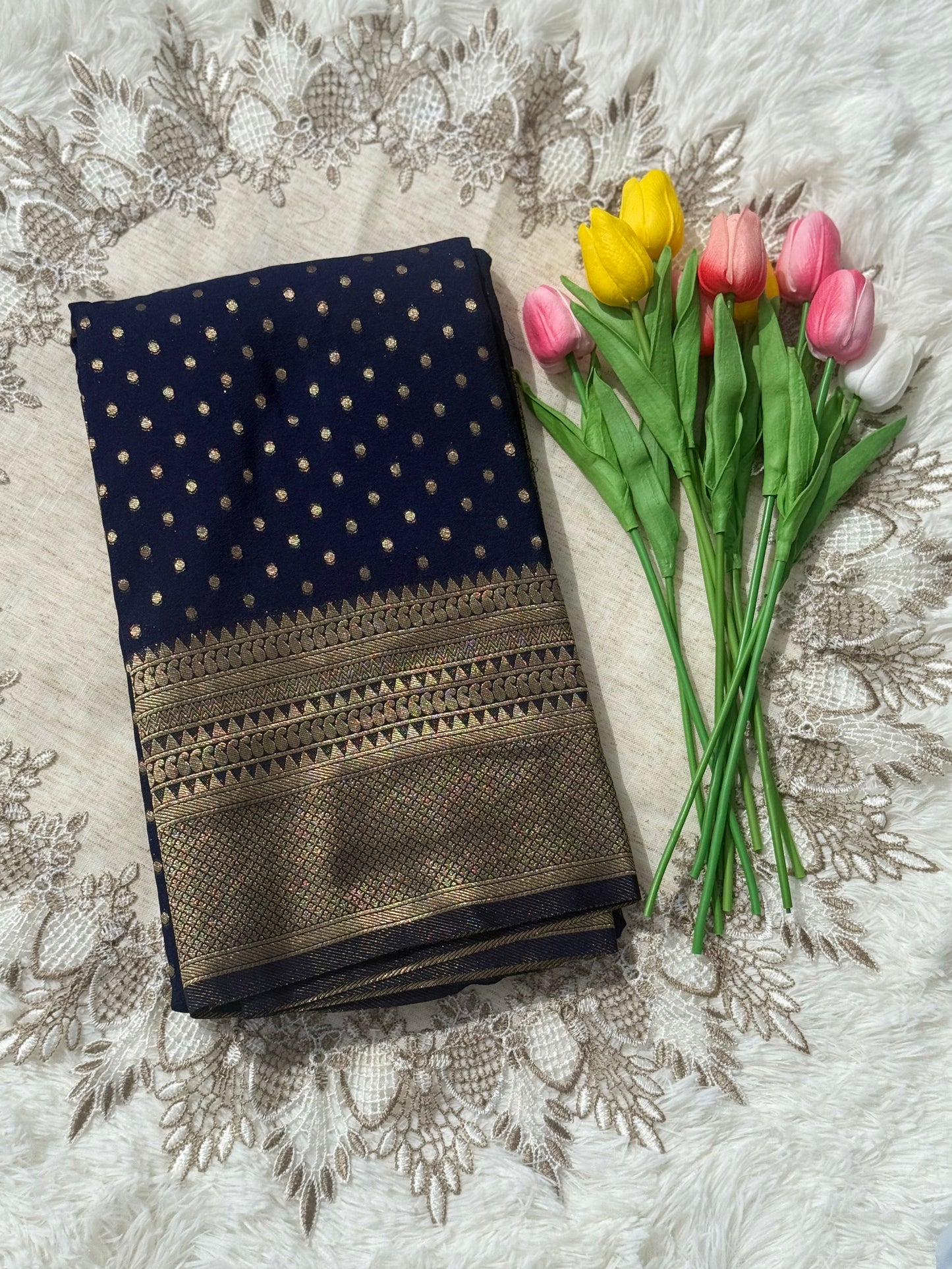 Royal midnight Blue Bananas Silk Saree with Zari Work