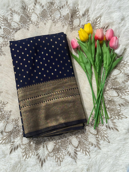 Royal midnight Blue Bananas Silk Saree with Zari Work